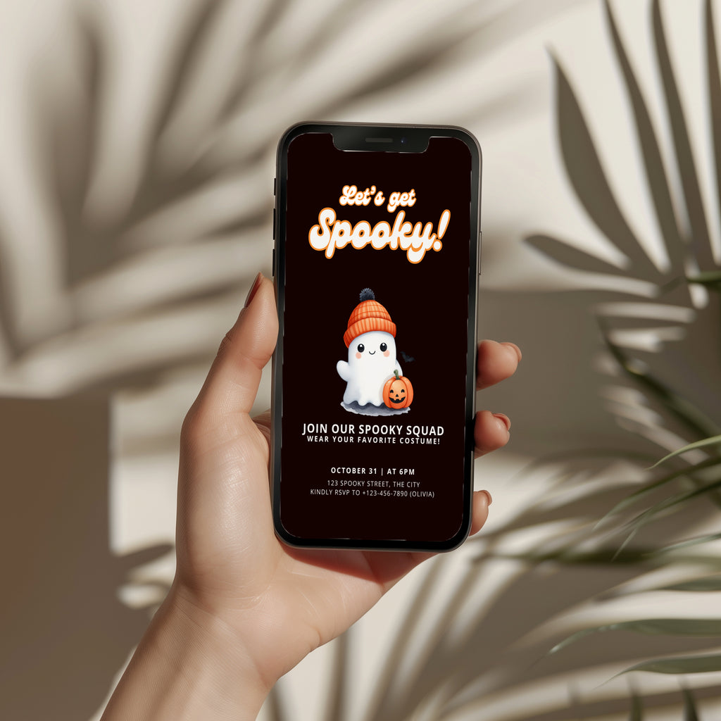 cute spooky halloween party invitation with ghost in beanie and pumpkin illustration