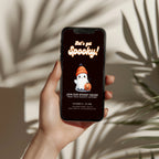 cute spooky halloween party invitation with ghost in beanie and pumpkin illustration
