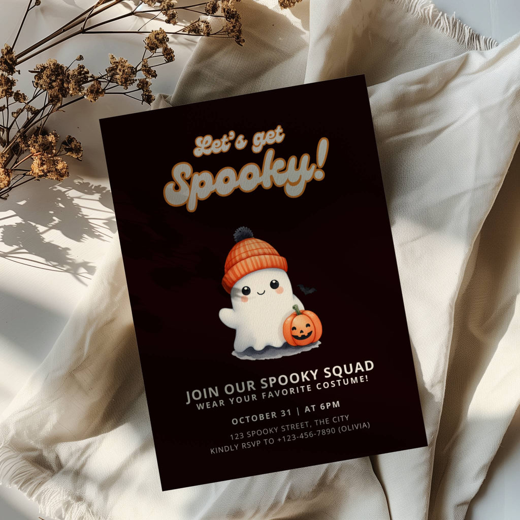 cute spooky halloween party invitation with ghost in beanie and pumpkin illustration