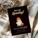 cute spooky halloween party invitation with ghost in beanie and pumpkin illustration