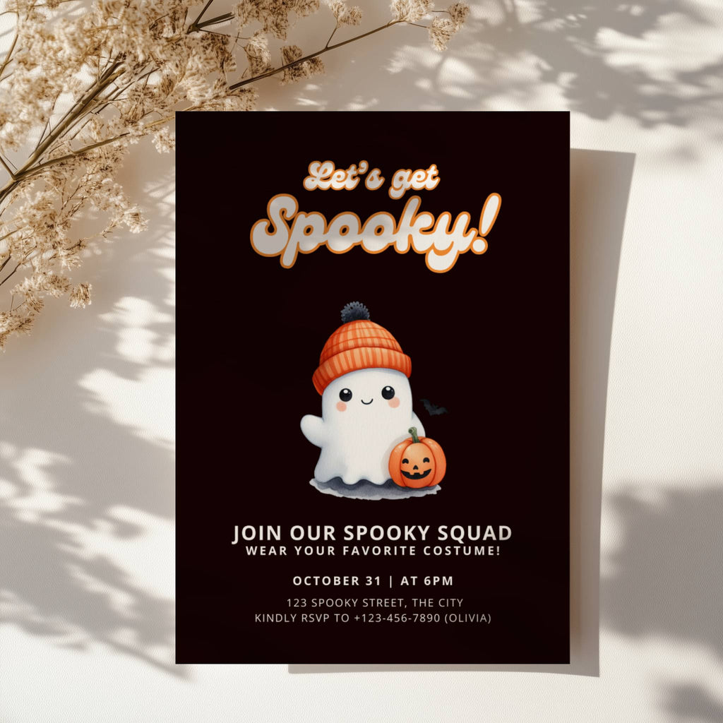cute spooky halloween party invitation with ghost in beanie and pumpkin illustration