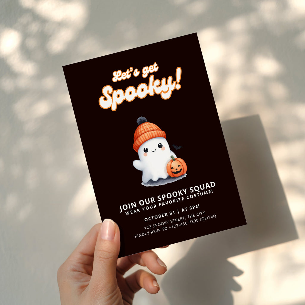 cute spooky halloween party invitation with ghost in beanie and pumpkin illustration