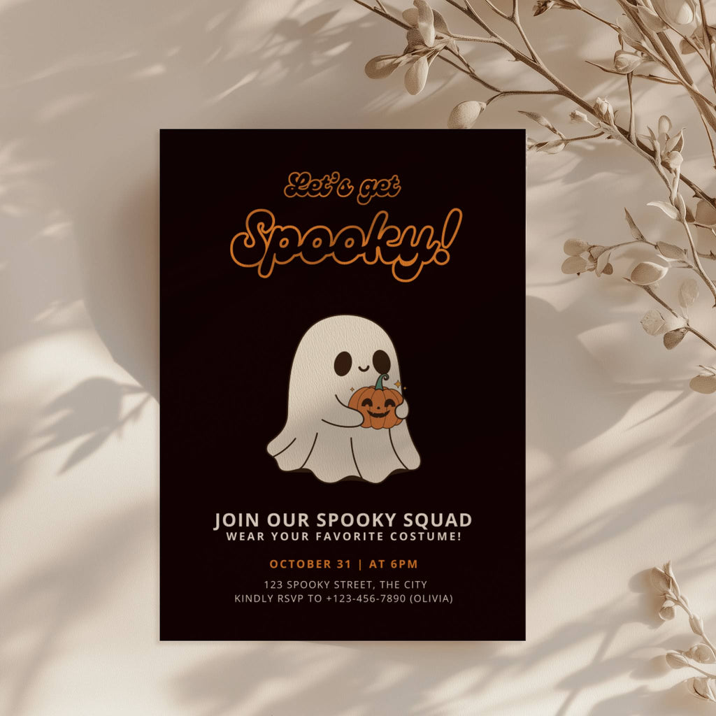 cute ghost halloween party invitation with pumpkin and dark background