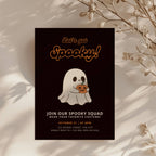 cute ghost halloween party invitation with pumpkin and dark background