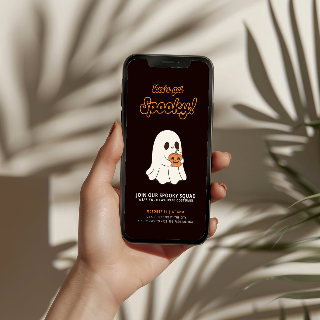 cute ghost halloween party invitation with pumpkin and dark background