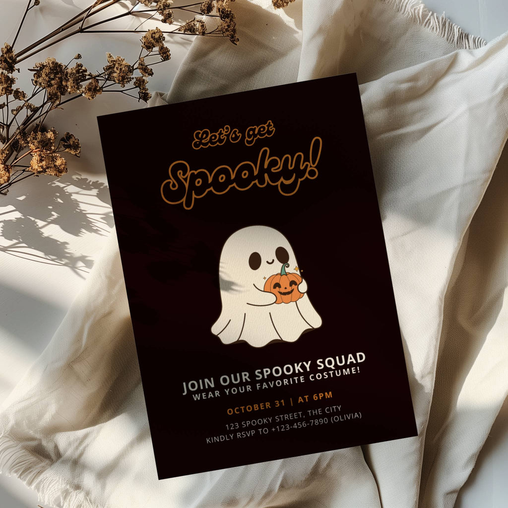 cute ghost halloween party invitation with pumpkin and dark background