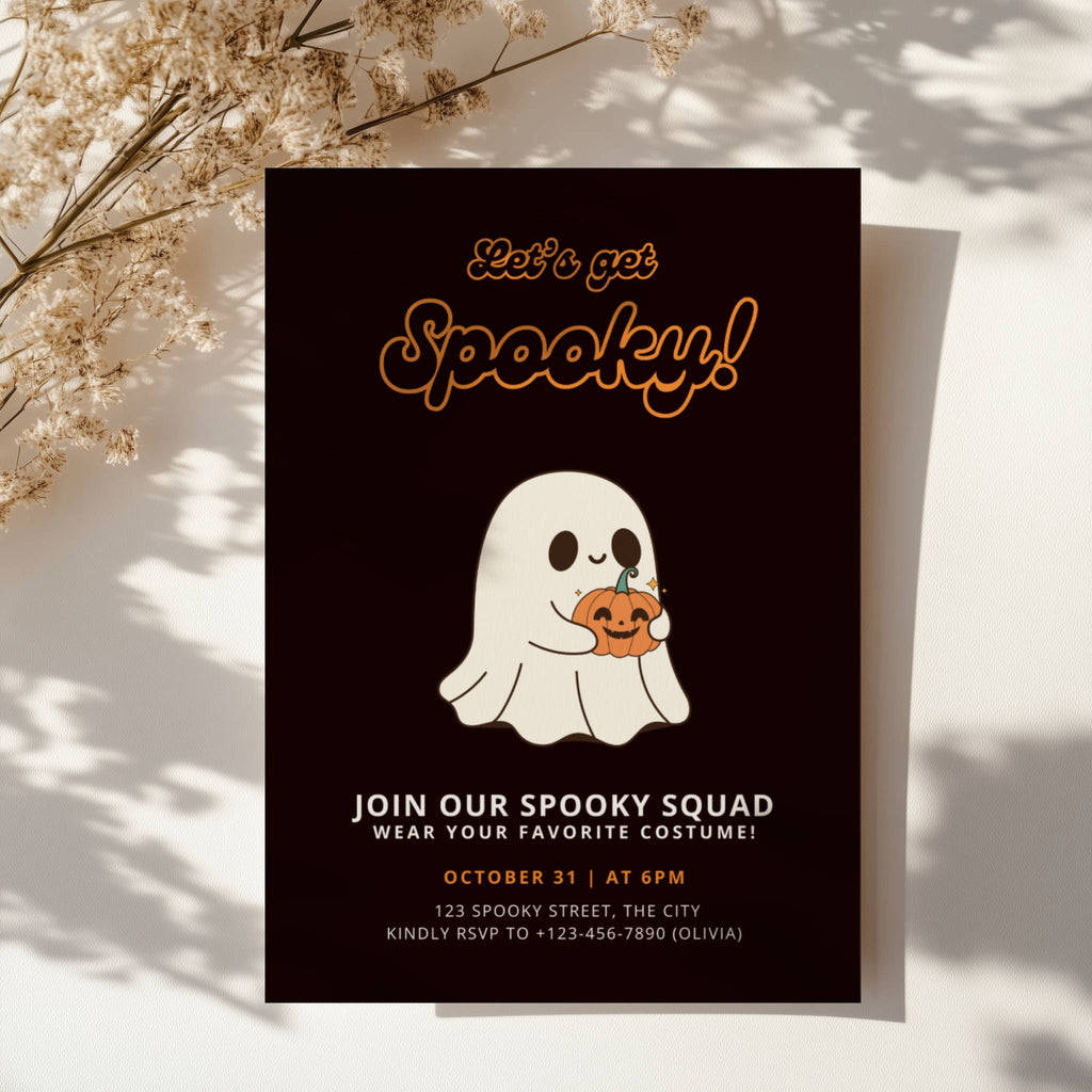 cute ghost halloween party invitation with pumpkin and dark background