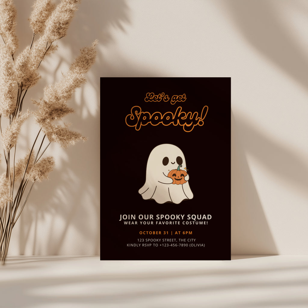 cute ghost halloween party invitation with pumpkin and dark background