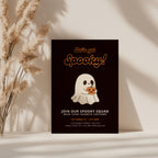 cute ghost halloween party invitation with pumpkin and dark background