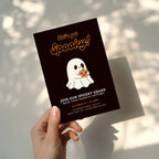 cute ghost halloween party invitation with pumpkin and dark background