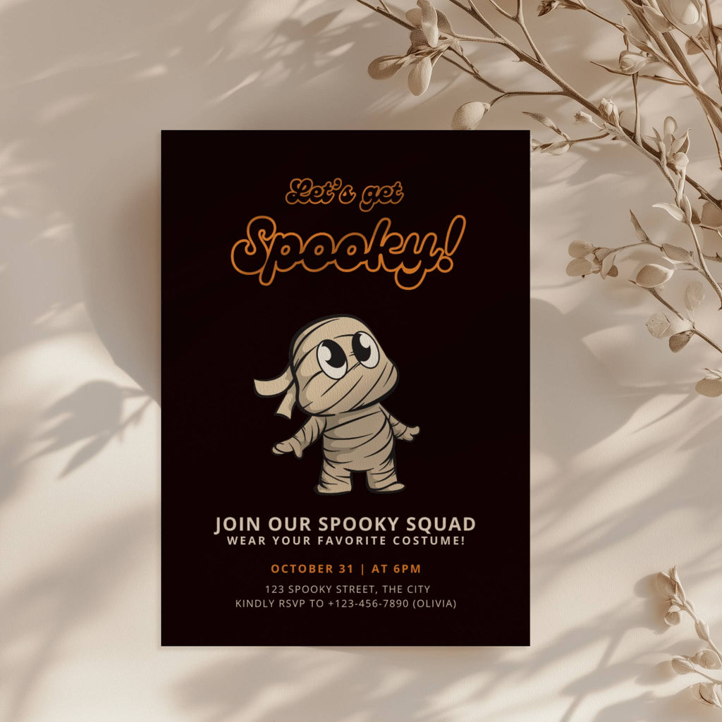 cute mummy halloween party invitation with cartoon character and dark background