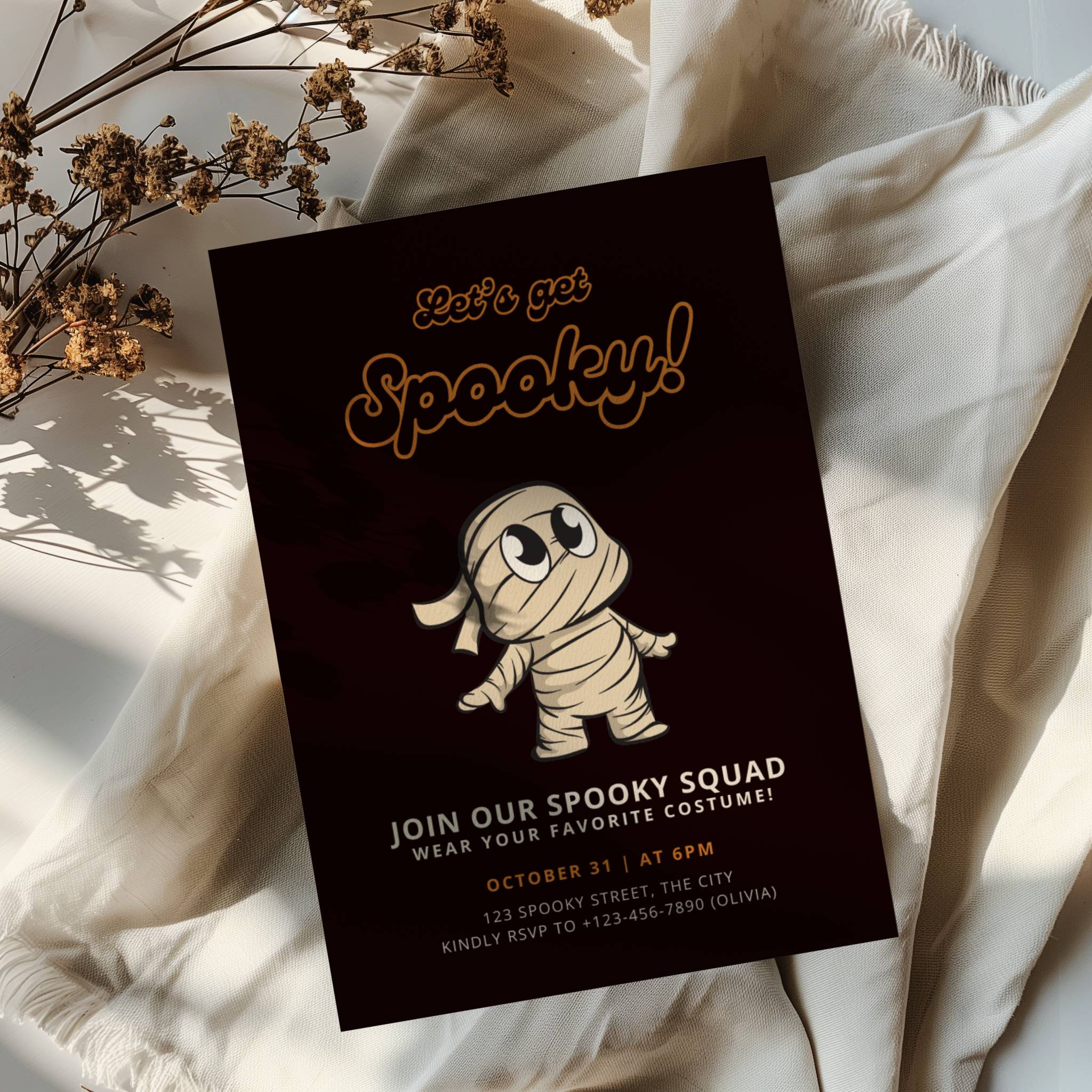 cute mummy halloween party invitation with cartoon character and dark background