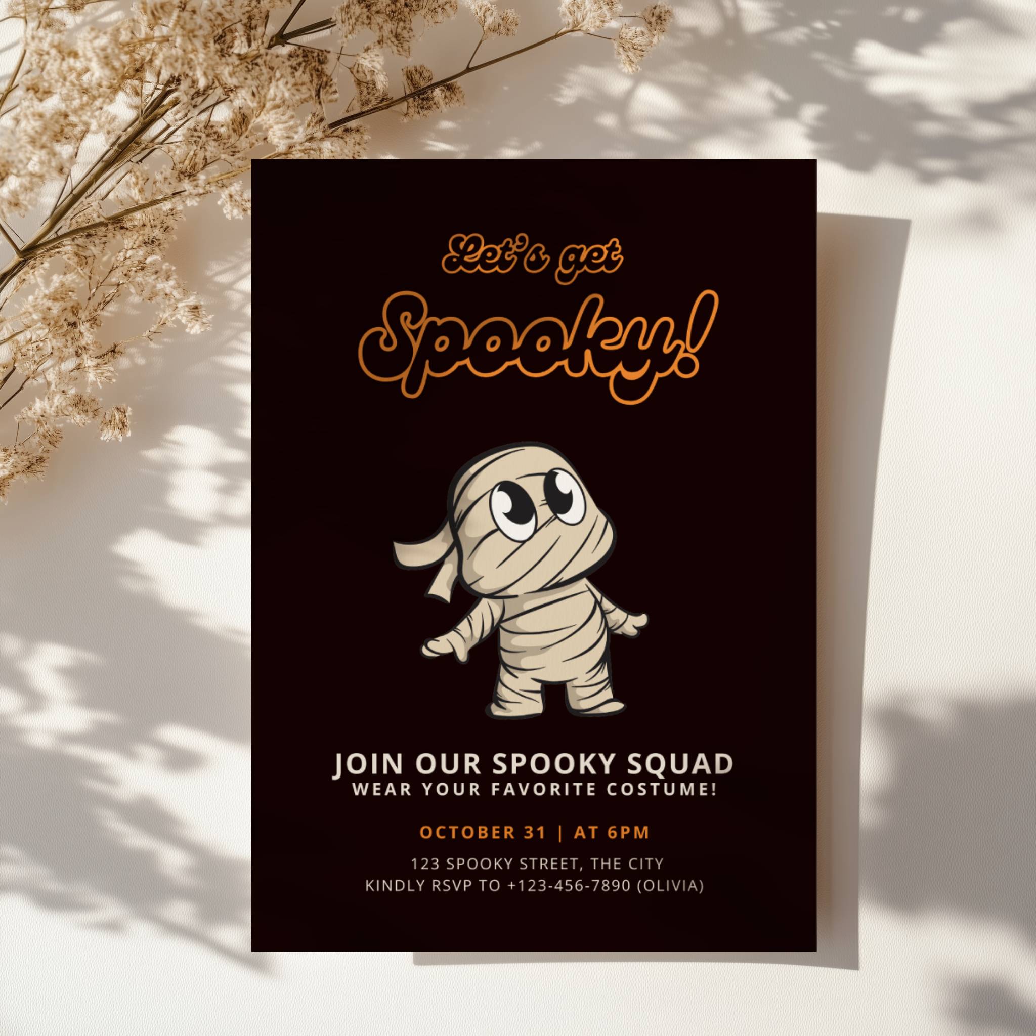 cute mummy halloween party invitation with cartoon character and dark background