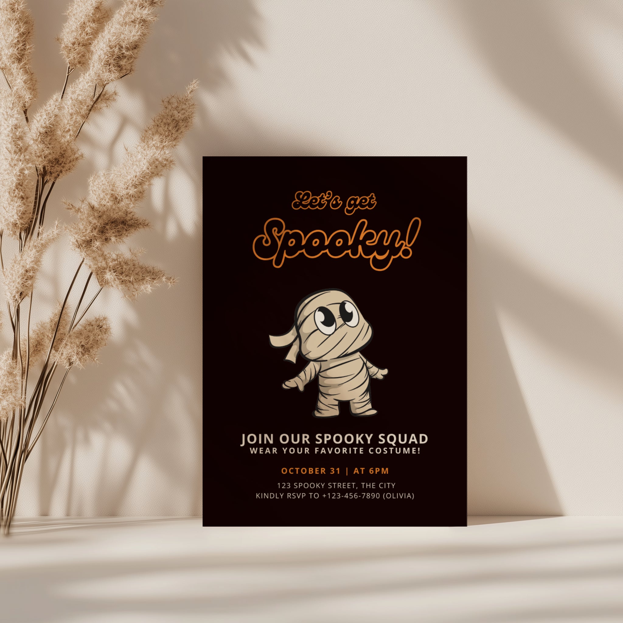 cute mummy halloween party invitation with cartoon character and dark background