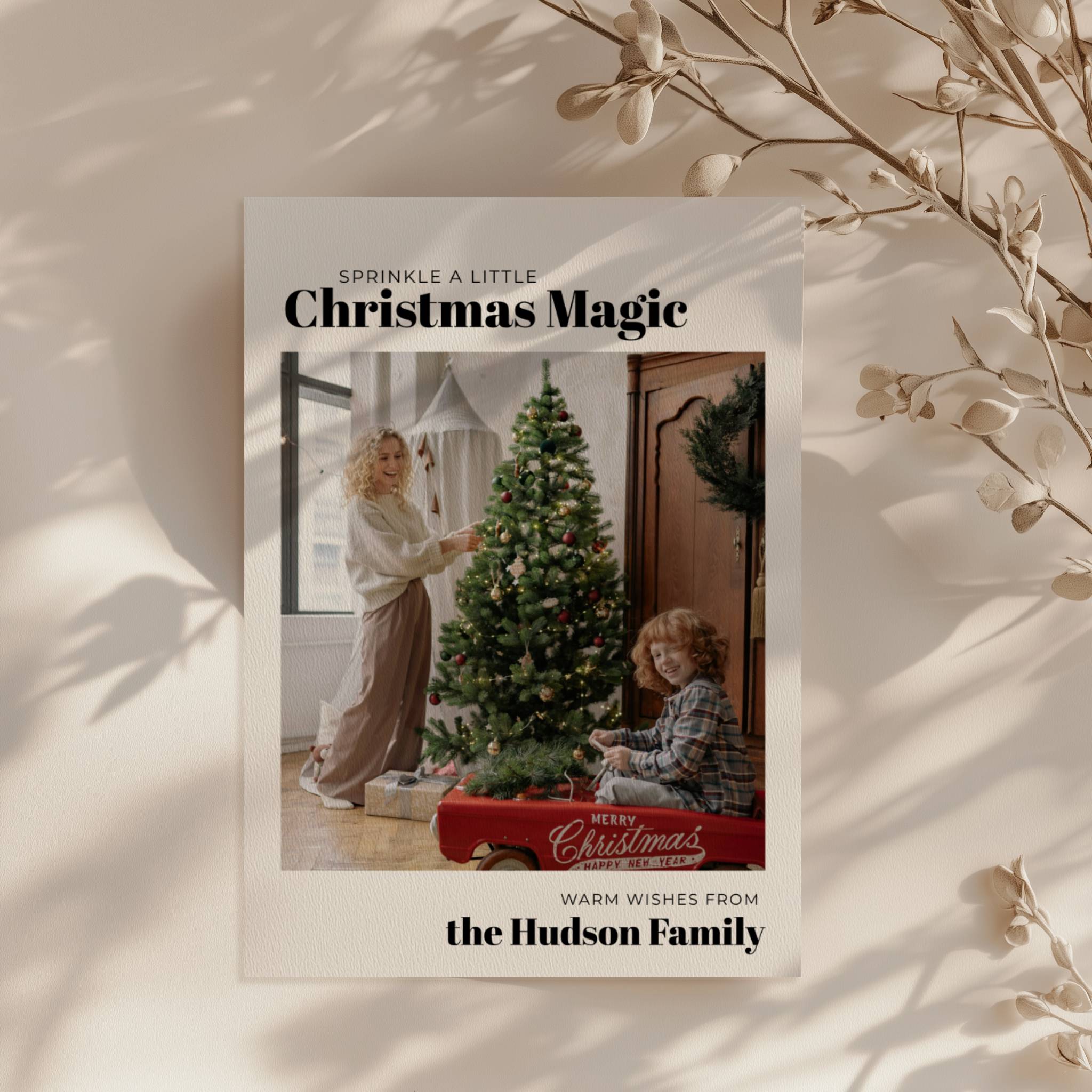 minimal christmas photo card with family picture and modern typography