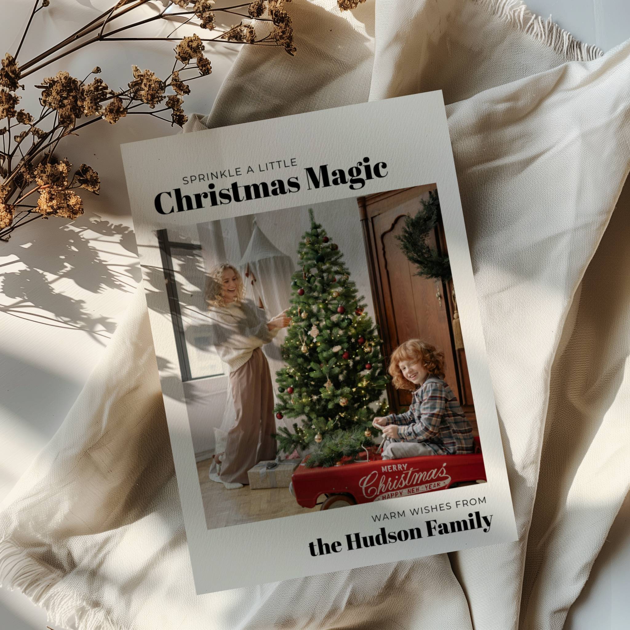 minimal christmas photo card with family picture and modern typography