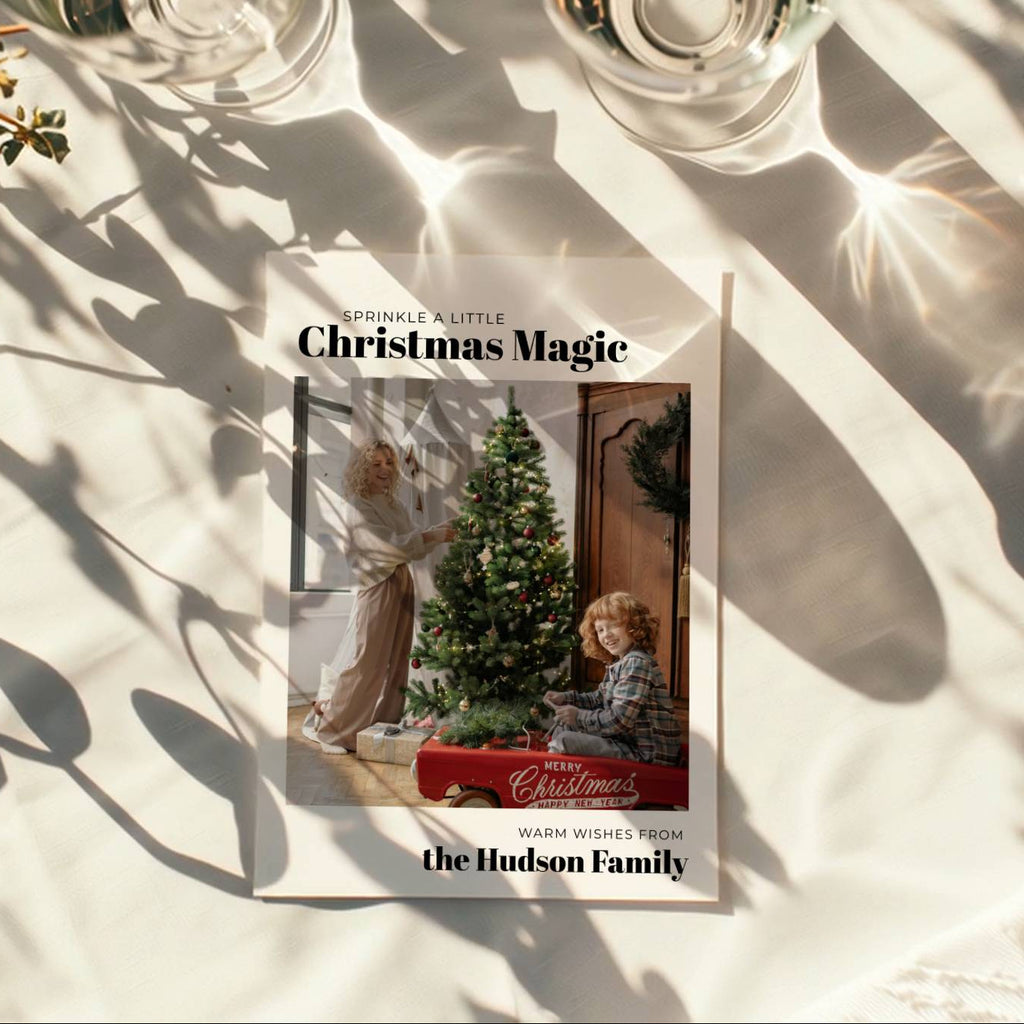 minimal christmas photo card with family picture and modern typography