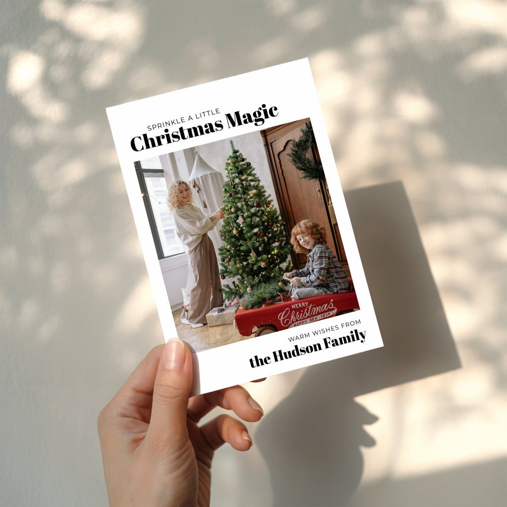 minimal christmas photo card with family picture and modern typography