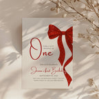 first birthday invitation with red bow and elegant gold accent design