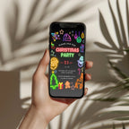 neon christmas party invitation with colorful glowing holiday icons on dark background