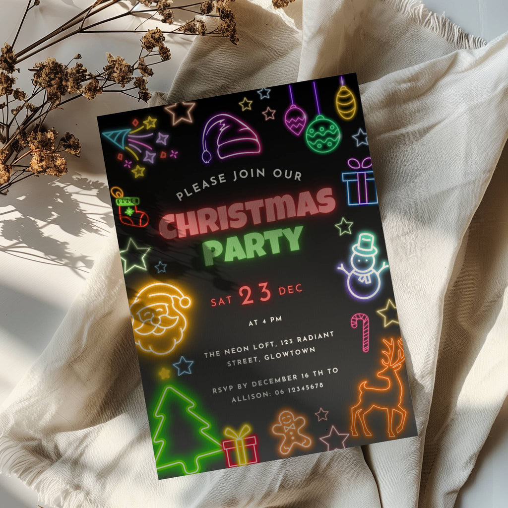 neon christmas party invitation with colorful glowing holiday icons on dark background