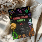 neon christmas party invitation with colorful glowing holiday icons on dark background