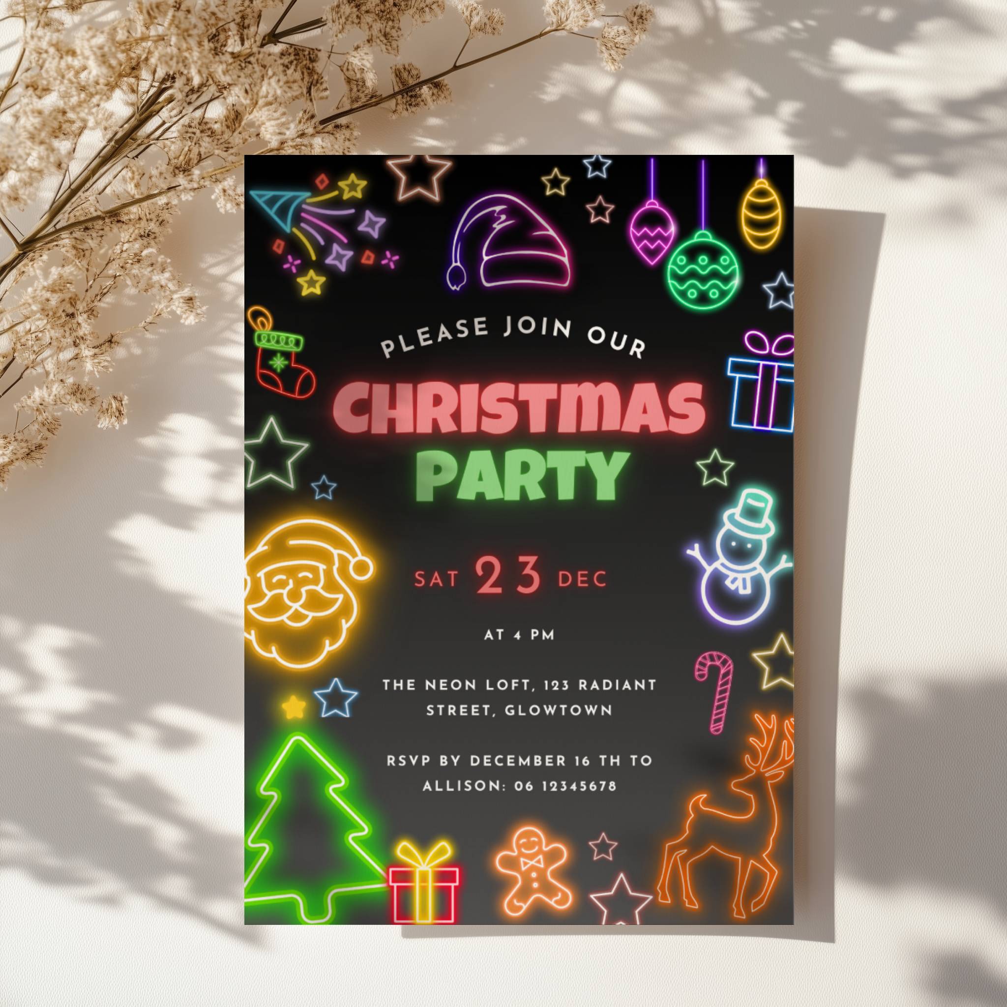 neon christmas party invitation with colorful glowing holiday icons on dark background