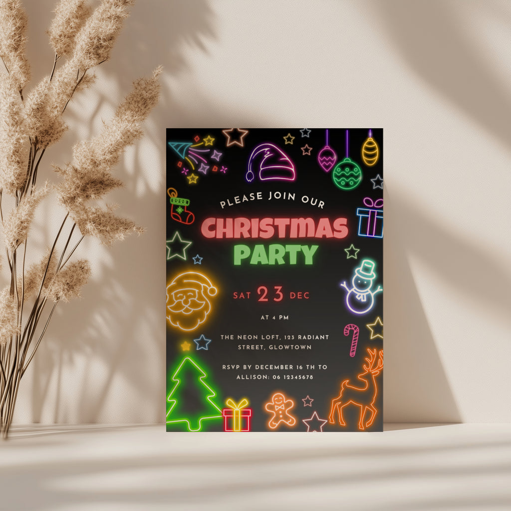 neon christmas party invitation with colorful glowing holiday icons on dark background