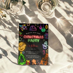 neon christmas party invitation with colorful glowing holiday icons on dark background