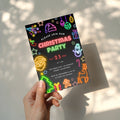 neon christmas party invitation with colorful glowing holiday icons on dark background