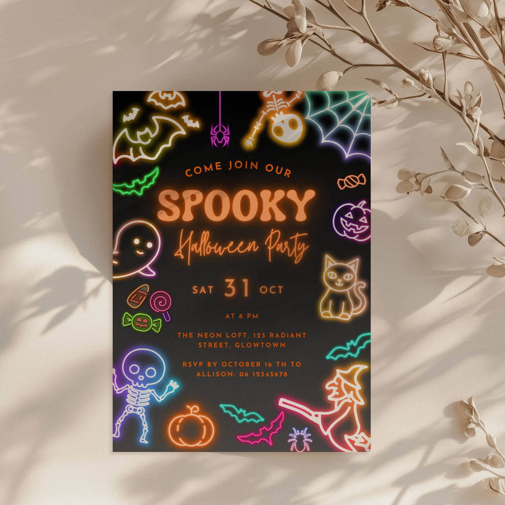 neon halloween party invitation with glowing spooky icons on dark background