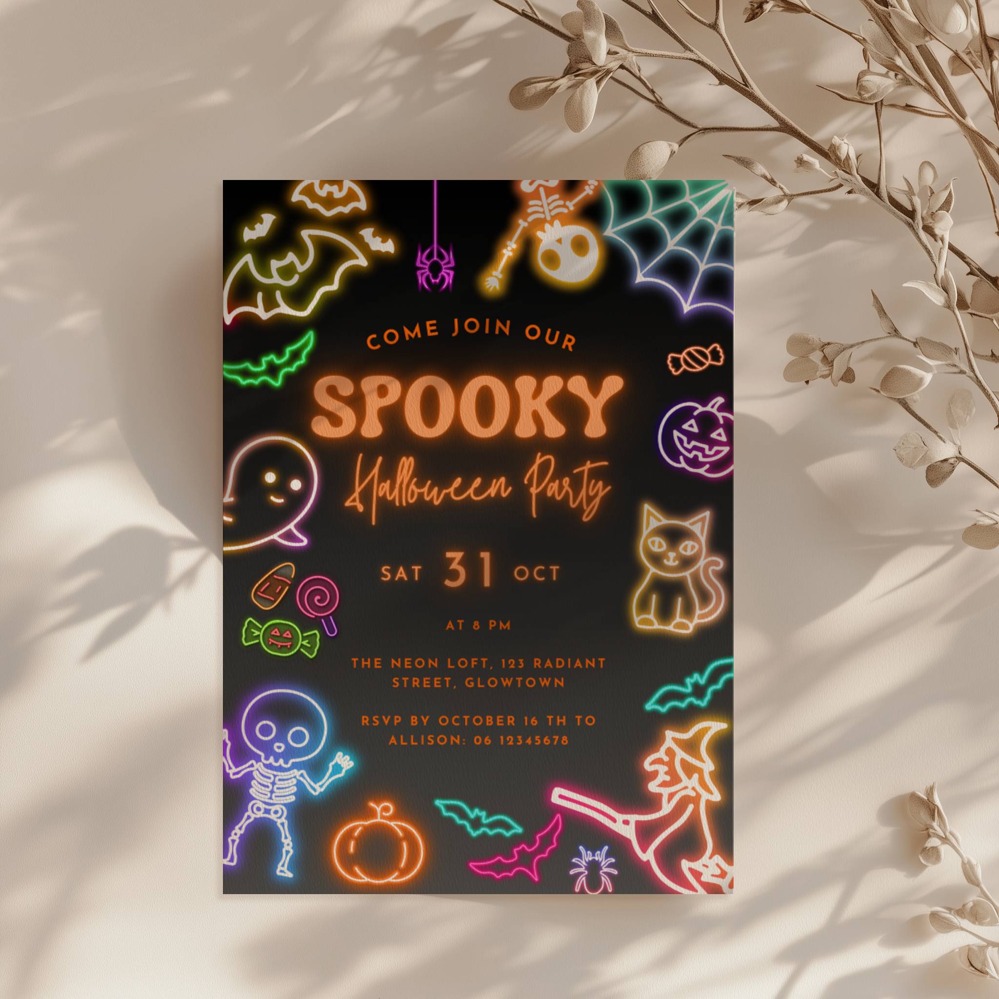 neon halloween party invitation with glowing spooky icons on dark background