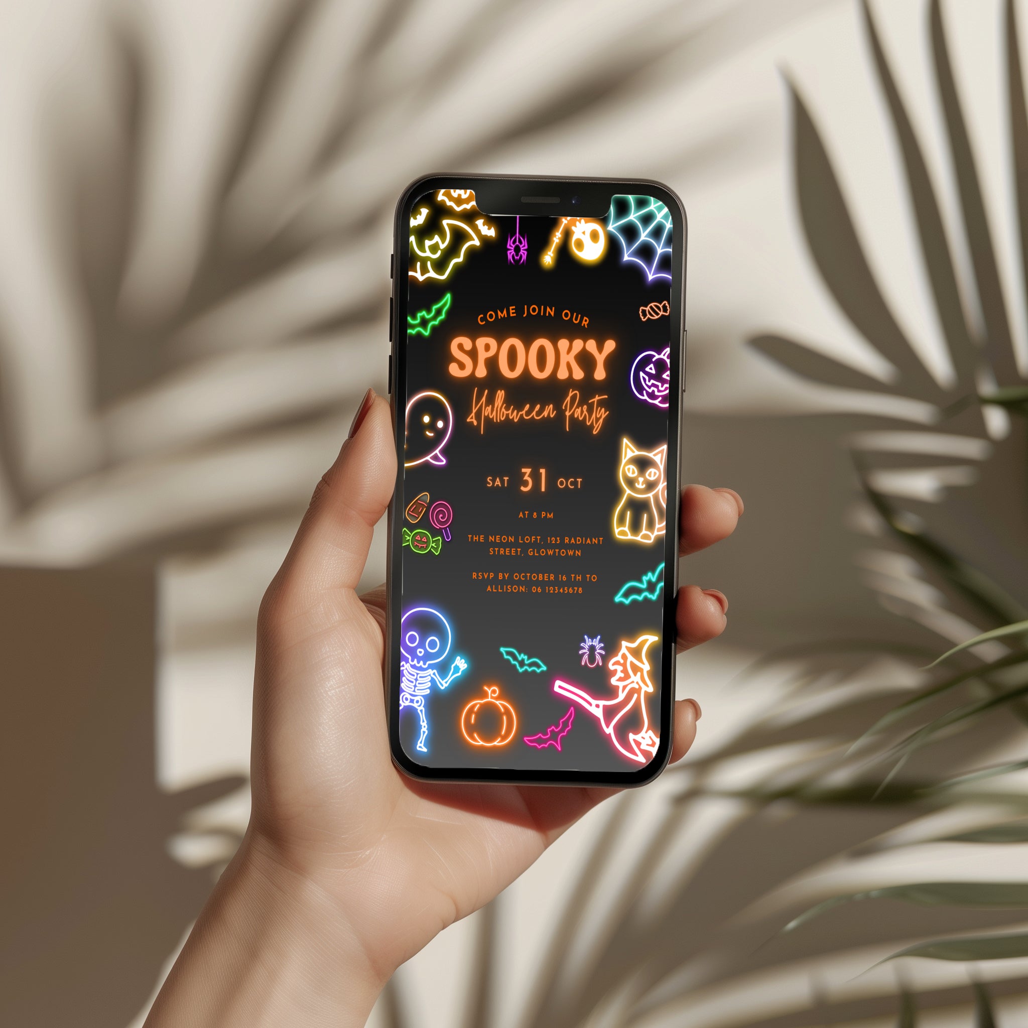 neon halloween party invitation with glowing spooky icons on dark background
