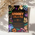 neon halloween party invitation with glowing spooky icons on dark background