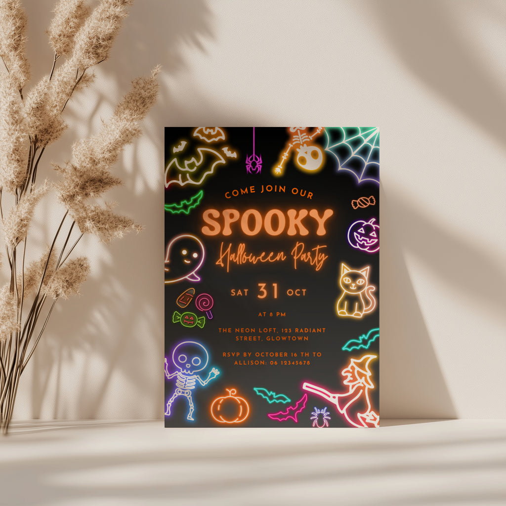 neon halloween party invitation with glowing spooky icons on dark background
