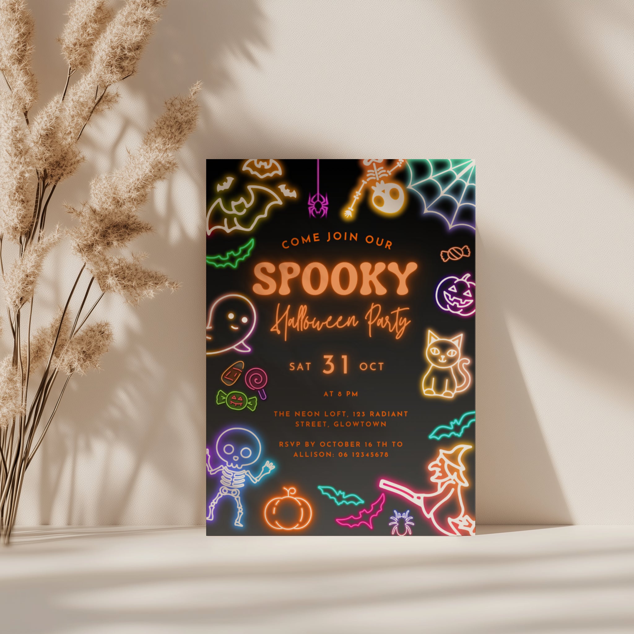 neon halloween party invitation with glowing spooky icons on dark background