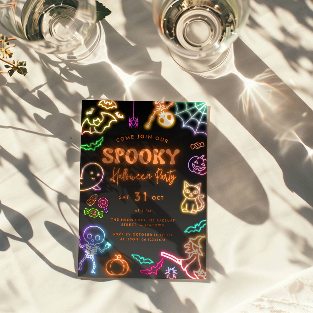 neon halloween party invitation with glowing spooky icons on dark background