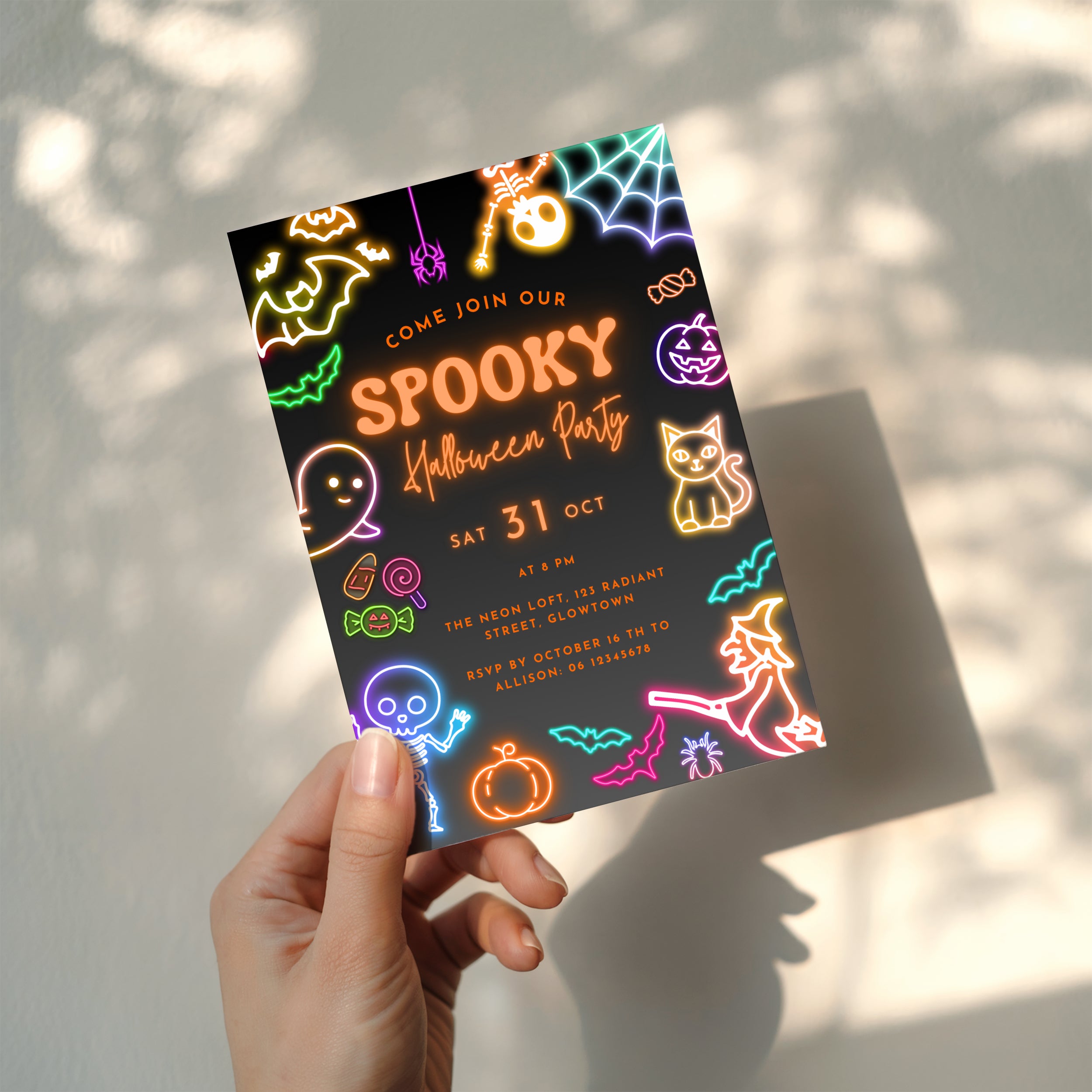neon halloween party invitation with glowing spooky icons on dark background