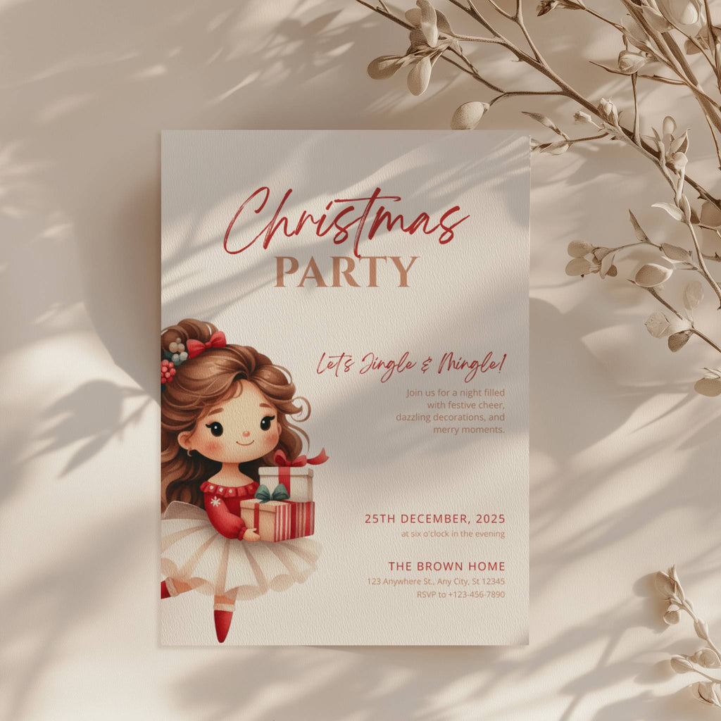 cute christmas party invitation with illustrated girl holding gifts and festive red accents