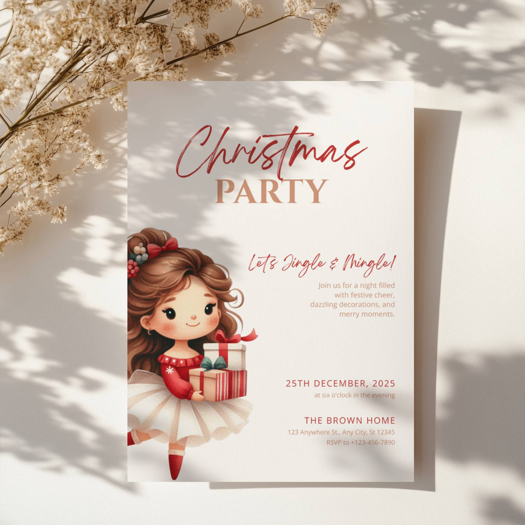 cute christmas party invitation with illustrated girl holding gifts and festive red accents