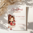 cute christmas party invitation with illustrated girl holding gifts and festive red accents