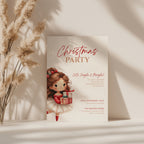 cute christmas party invitation with illustrated girl holding gifts and festive red accents