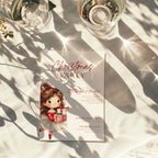 cute christmas party invitation with illustrated girl holding gifts and festive red accents