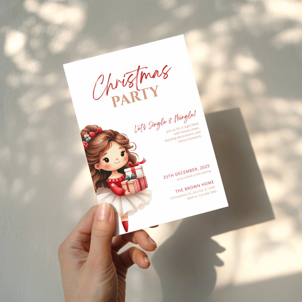 cute christmas party invitation with illustrated girl holding gifts and festive red accents