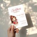 cute christmas party invitation with illustrated girl holding gifts and festive red accents