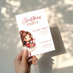 cute christmas party invitation with illustrated girl holding gifts and festive red accents