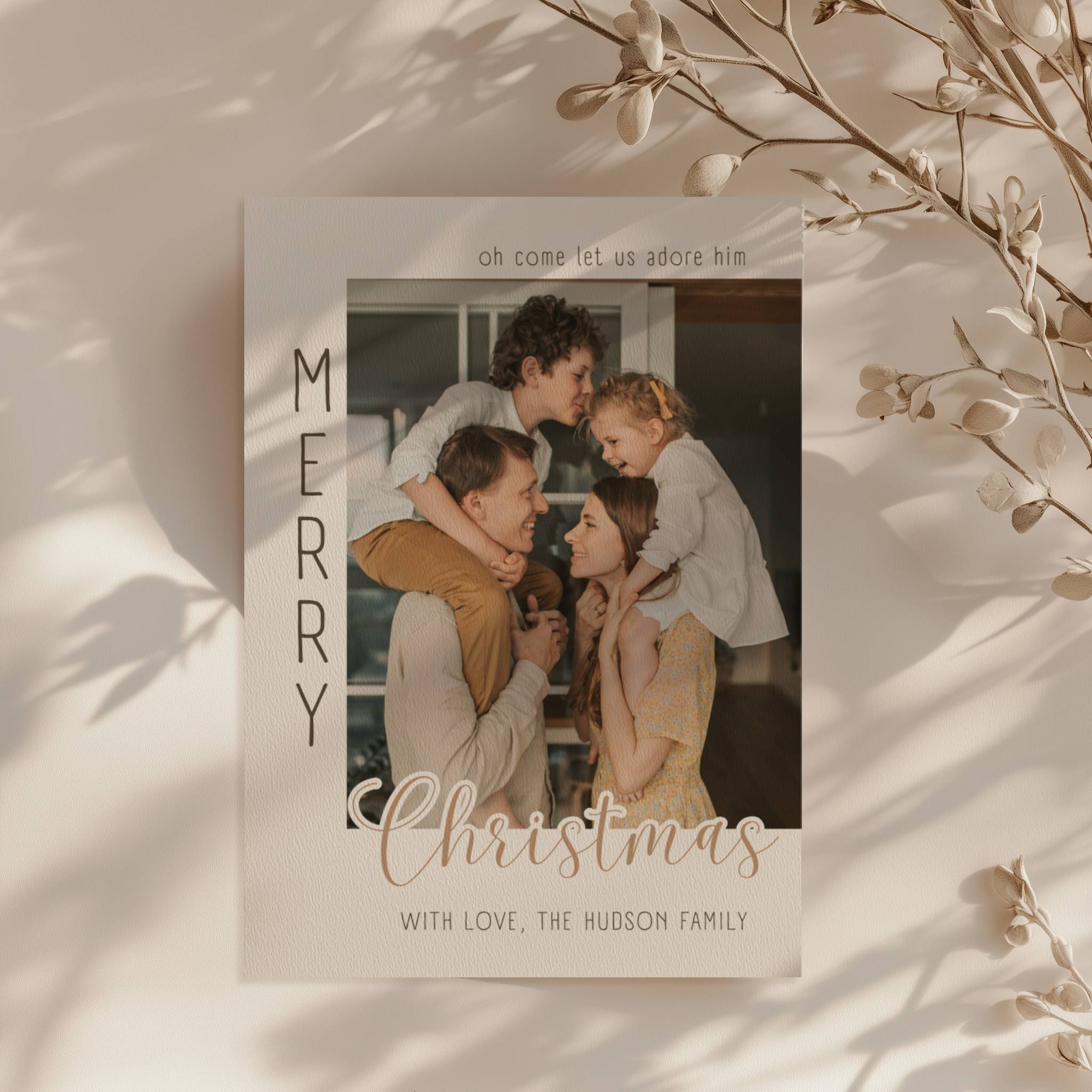 christian christmas photo card with family picture and elegant neutral typography