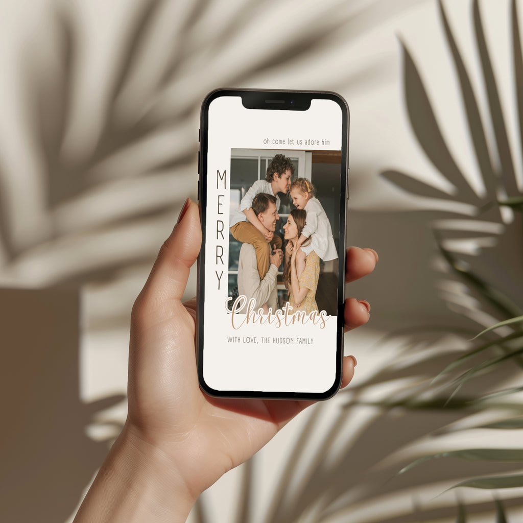christian christmas photo card with family picture and elegant neutral typography
