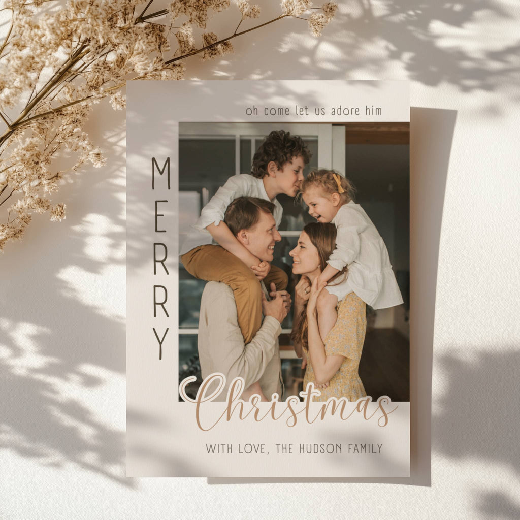 christian christmas photo card with family picture and elegant neutral typography