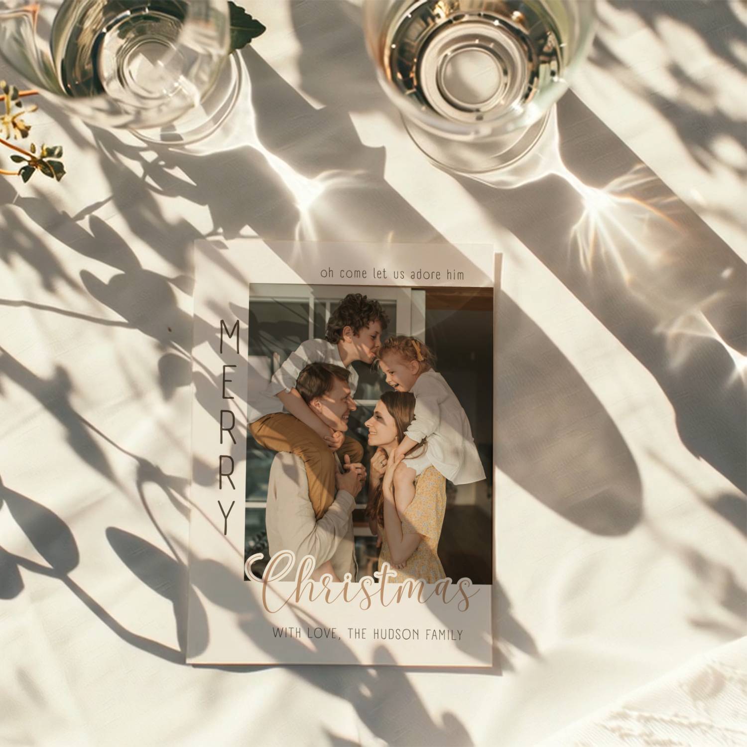 christian christmas photo card with family picture and elegant neutral typography